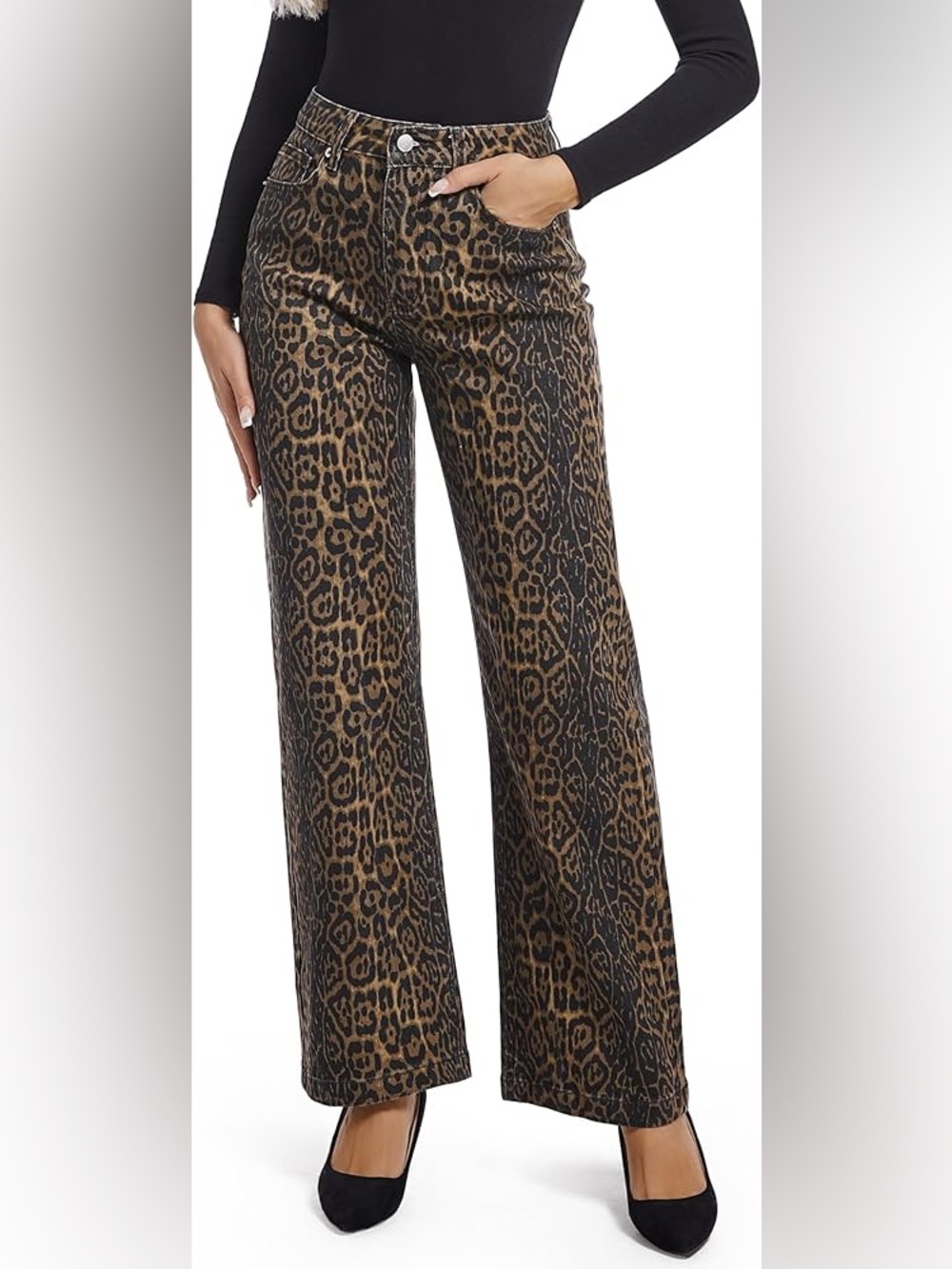 Women’s leopard print wide leg mid rise jeans pants